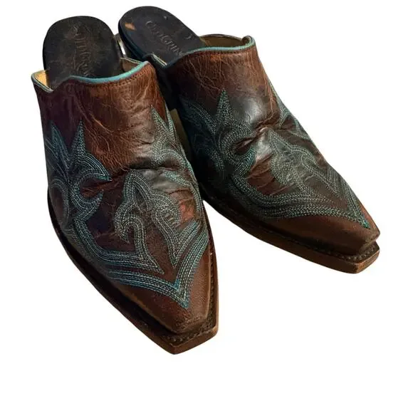 Old Gringo Leather Made In Mexico Brown w/ Teal Detail Western Style Mules sz 8 - Picture 9 of 14